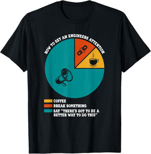 Funny Engineer Designs How To Get An Engineer's Attention: Coffee, Break Something, Say 'There's Got To Be A Better Way To Do This' -Adults Black Small Classic Fit T-Shirt - T-Shirt | Black