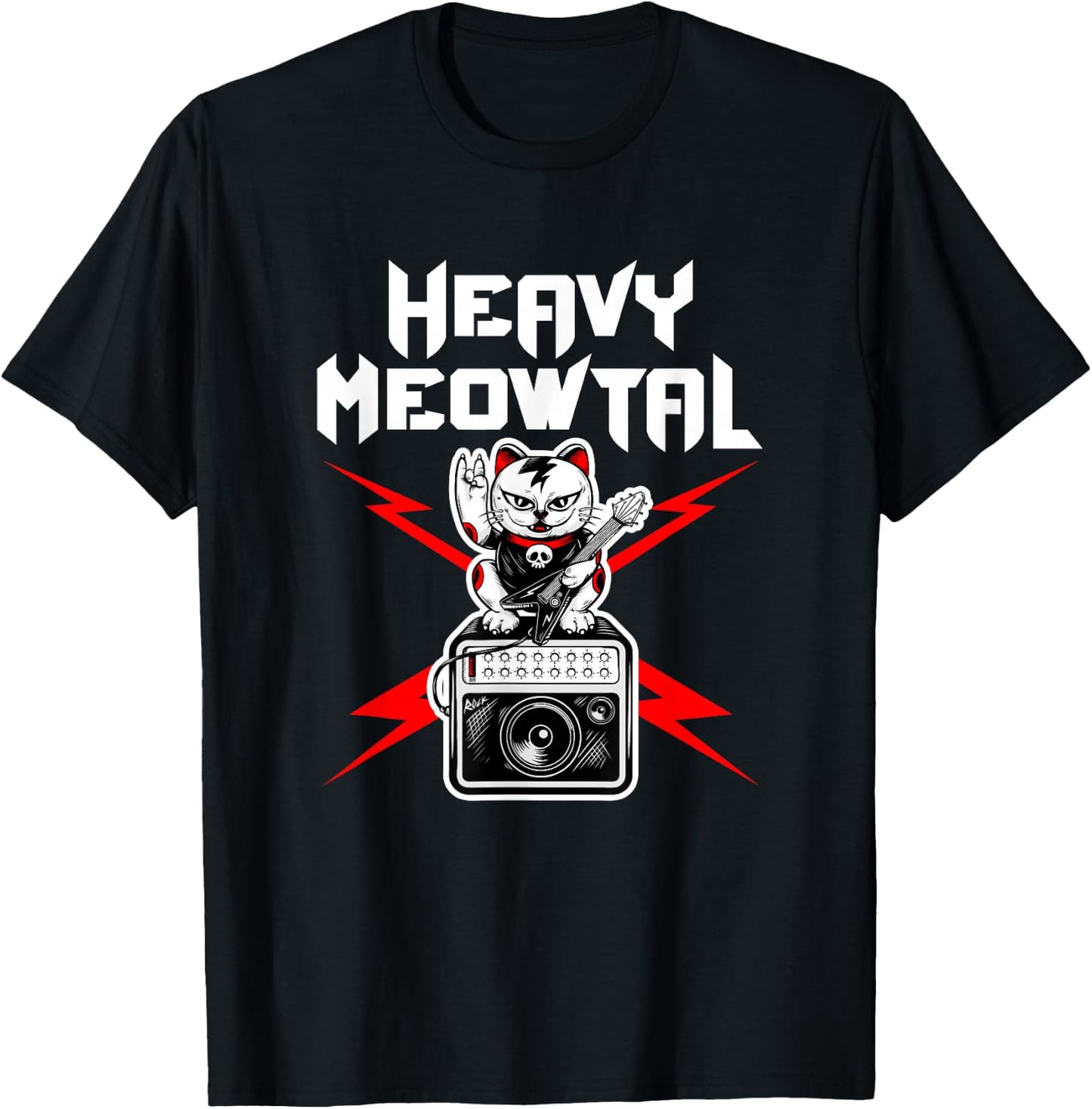 Heavy Meowtal Cat Metal Music Rock Guitarist Bassist T-Shirt - T-Shirt | Black