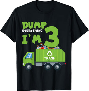 Kids Dump Everything I'm 3 Funny Garbage Trucks Boys Birthday T-Shirt - T-Shirt | Black