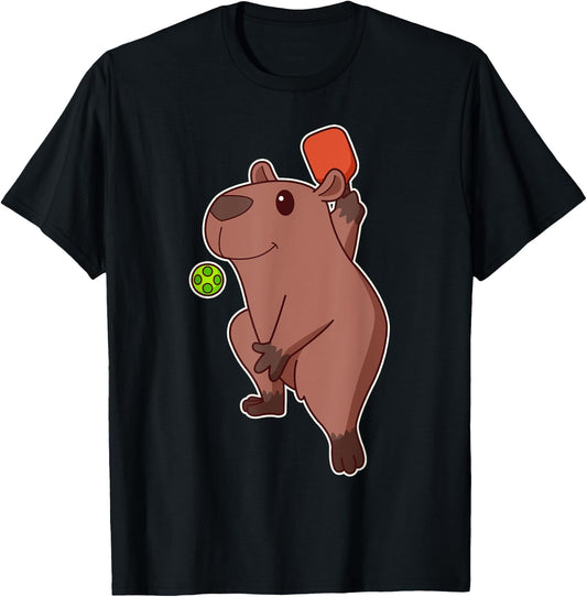 Cute Kawaii Capybara playing pickleball T-Shirt - T-Shirt | Black