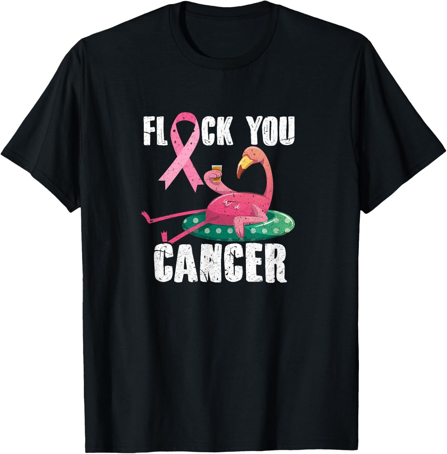 Flock You Cancer Flamingo Breast Cancer Fighter Distressed T-Shirt - T-Shirt | Black