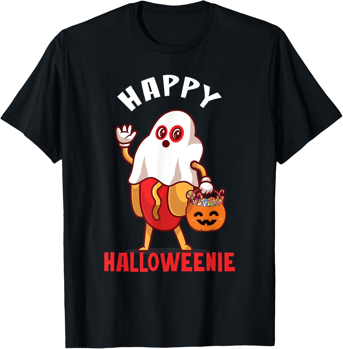 Happy Halloweenie Halloween Hot Dog Ghost Funny T-Shirt - T-Shirt | Black