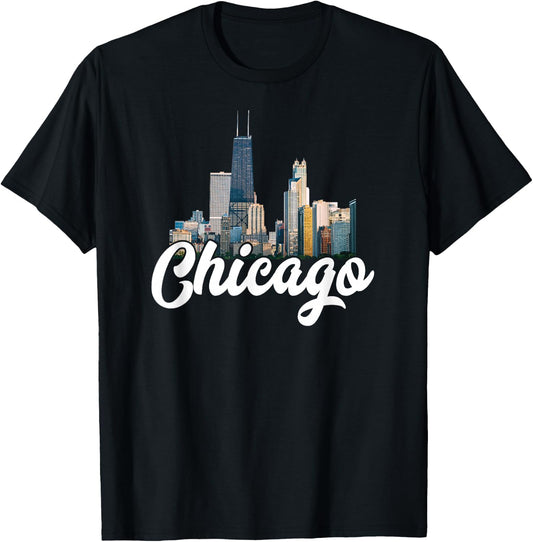 Chicago Skyline Architecture Retro Deep Dish Pizza River T-Shirt - T-Shirt | Black