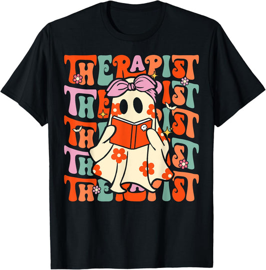 Therapist Groovy Halloween Retro Ghost Mental Health Therapy T-Shirt - T-Shirt | Black