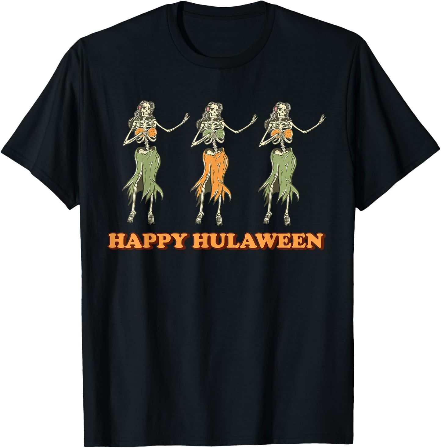 Happy Hulaween Hawaii Themed Halloween Skeleton Vintage T-Shirt - T-Shirt | Black