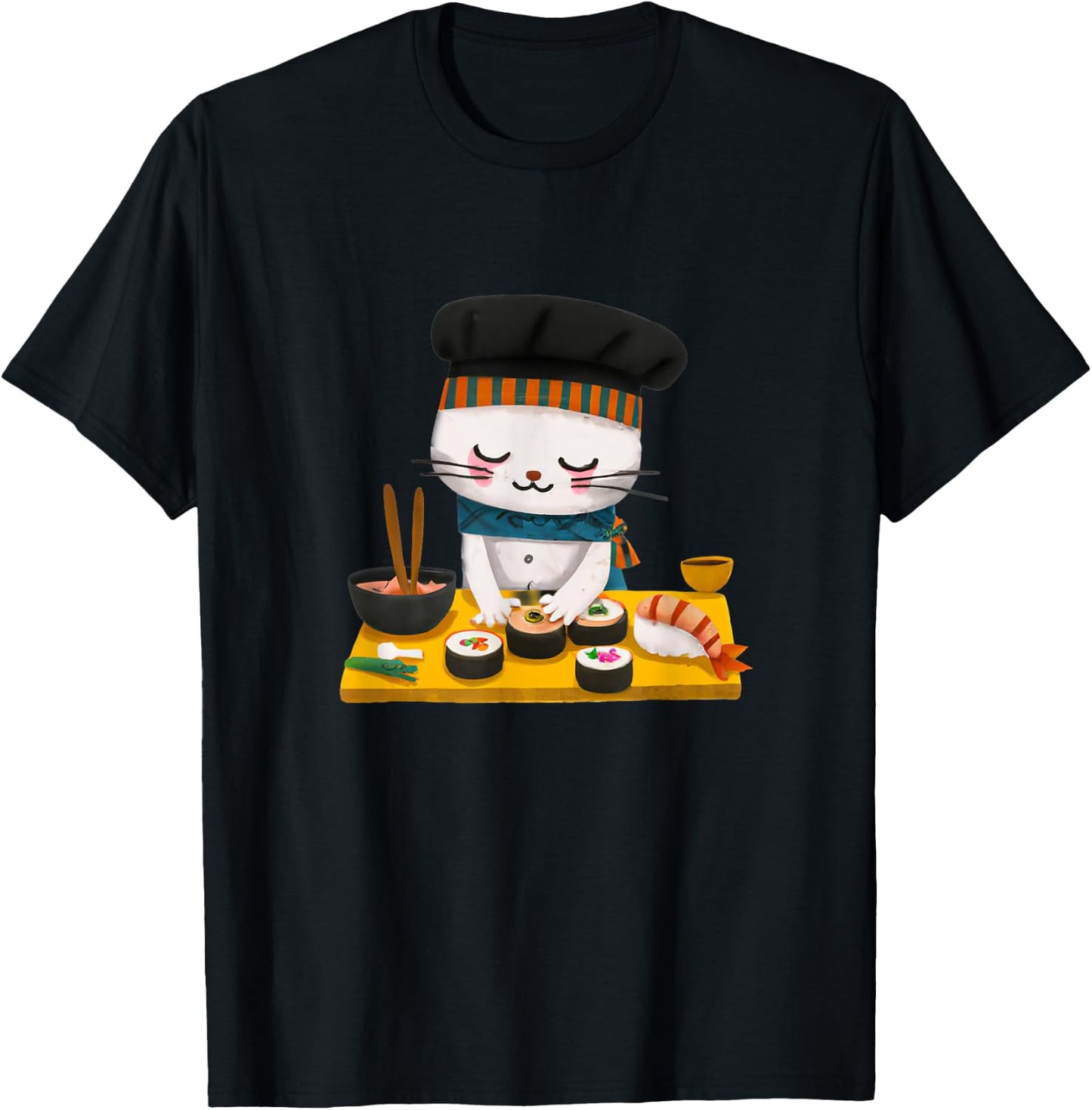 Sushi Cat Chef Kawaii Japanese Neko Men Women Girls Kids T-Shirt - T-Shirt | Black