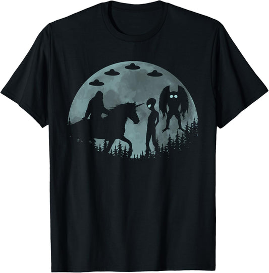 Bigfoot Riding Unicorn Funny Sasquatch Ufo Mothman And Alien T-Shirt - T-Shirt | Black
