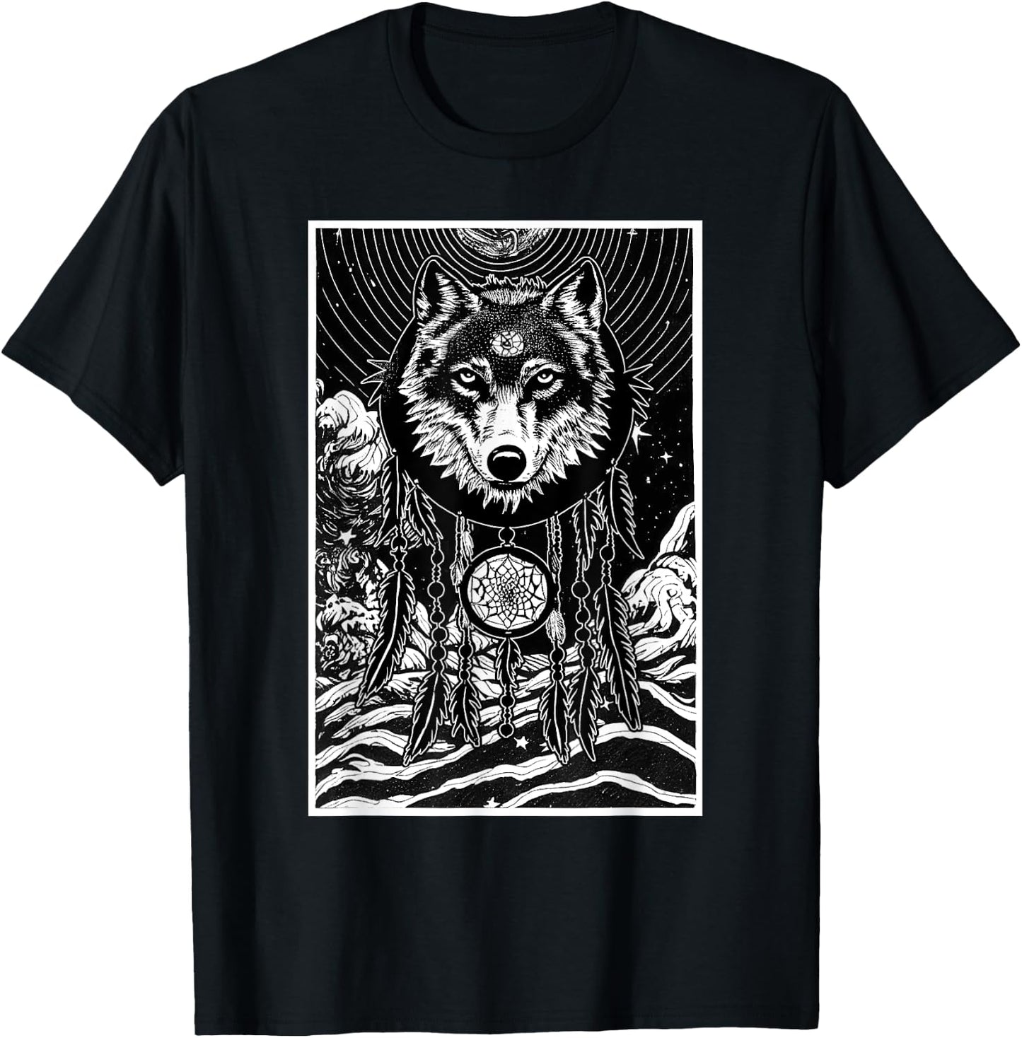 Dreamcatcher Wolf Full Moon Wiccan Native American T-Shirt - T-Shirt | Black