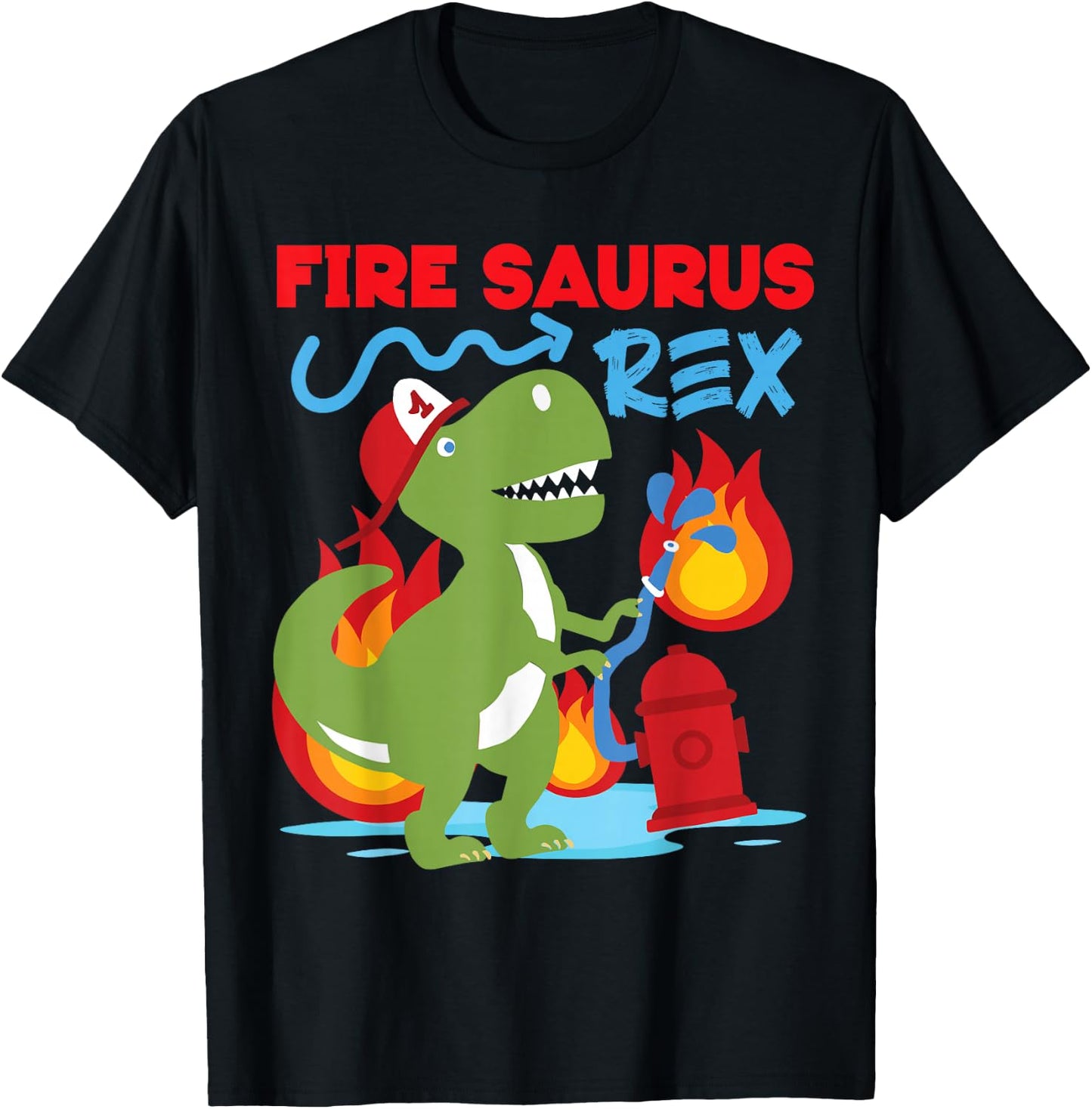 Fire Saurus Rex Firefighter Dinosaur T-Shirt - T-Shirt | Black
