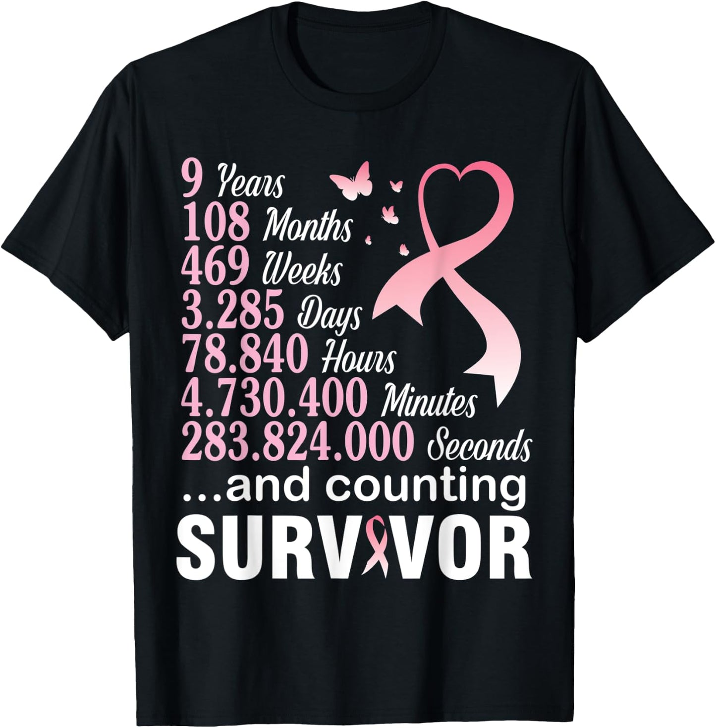 9 Years 108 Months & Counting Survivor Warrior Breast Cancer T-Shirt - T-Shirt | Black