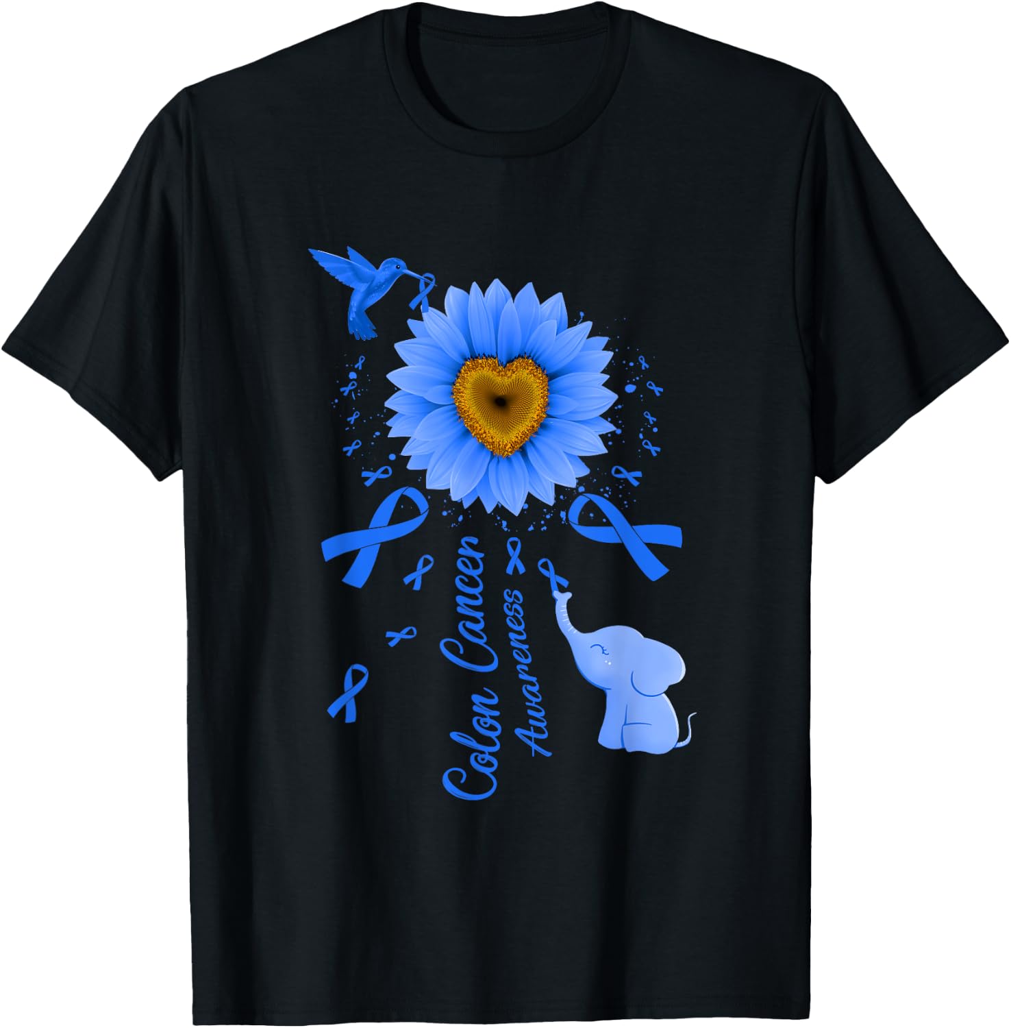 Sunflower Hummingbird Elephant Colon Cancer Awareness T-Shirt - T-Shirt | Black