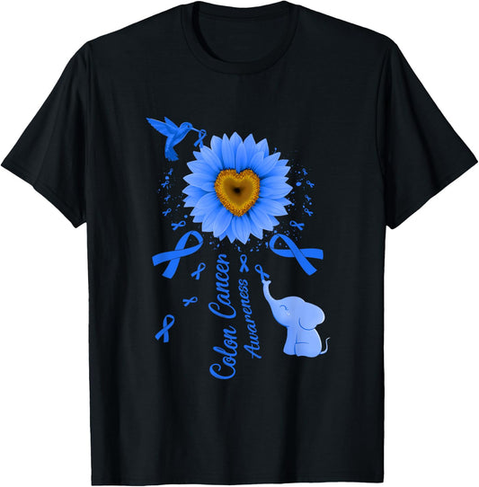 Sunflower Hummingbird Elephant Colon Cancer Awareness T-Shirt - T-Shirt | Black