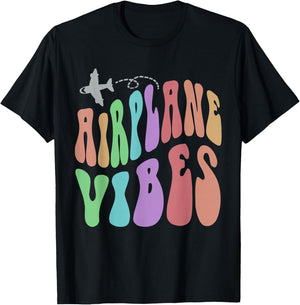 Groovy AIRPLANE VIBES Travel Mode Pilot Crew Retro Vacation T-Shirt - T-Shirt | Black