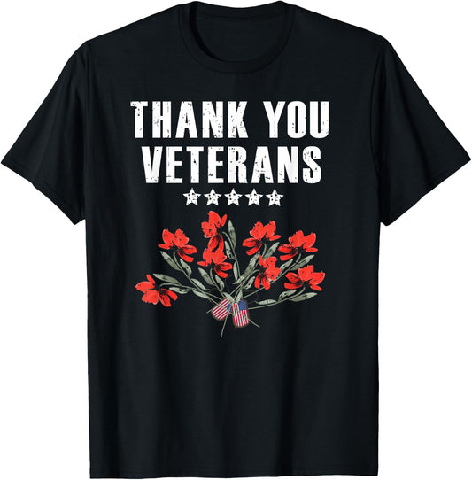 Military Family Thank You Veterans Poppy Flowers Patriotic Women Kids Men T-Shirt - T-Shirt | Black