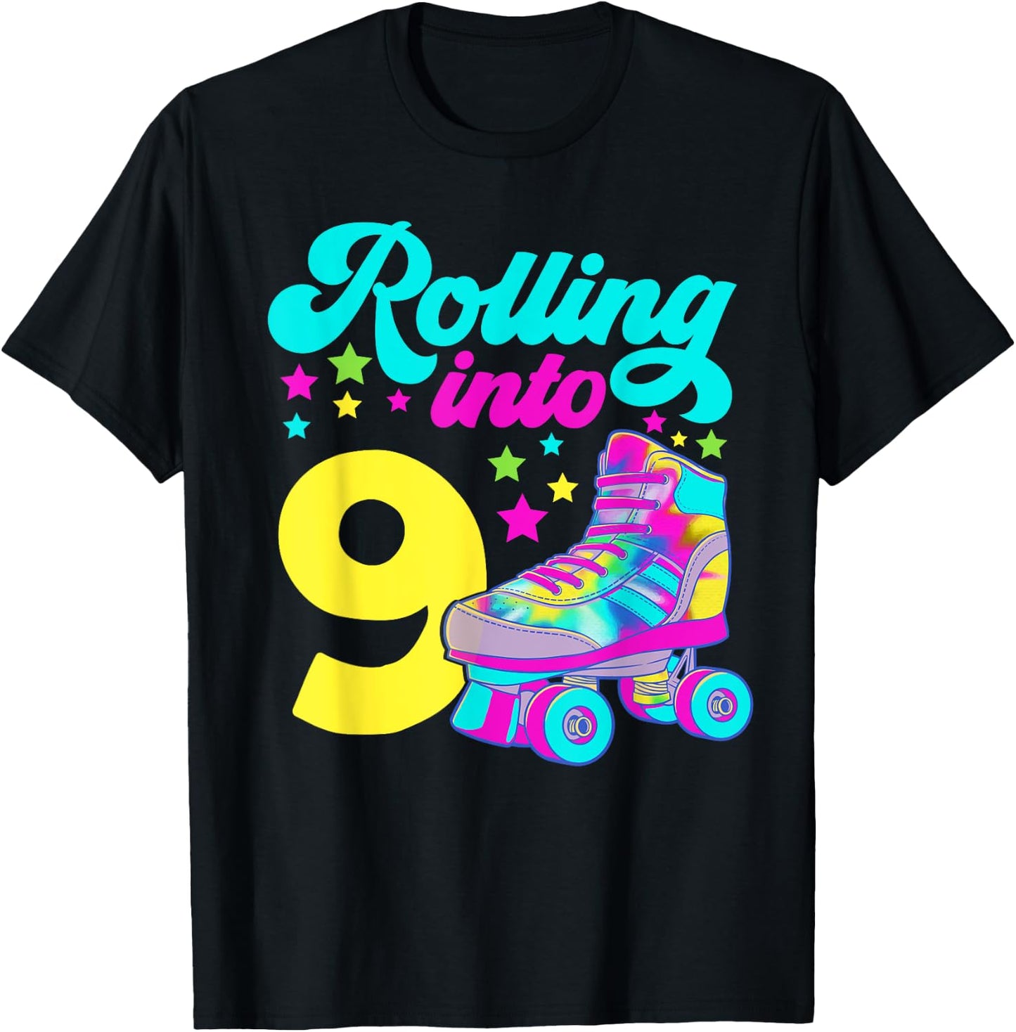 Rolling into 9 Girls 9th Birthday Roller Skates T-Shirt - T-Shirt | Black