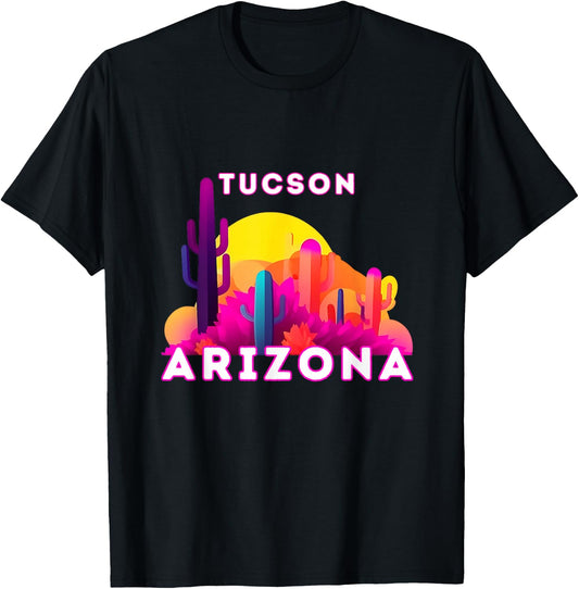 Tucson City Tourist Cactus Desert Arizona Sunset Retro T-Shirt - T-Shirt | Black