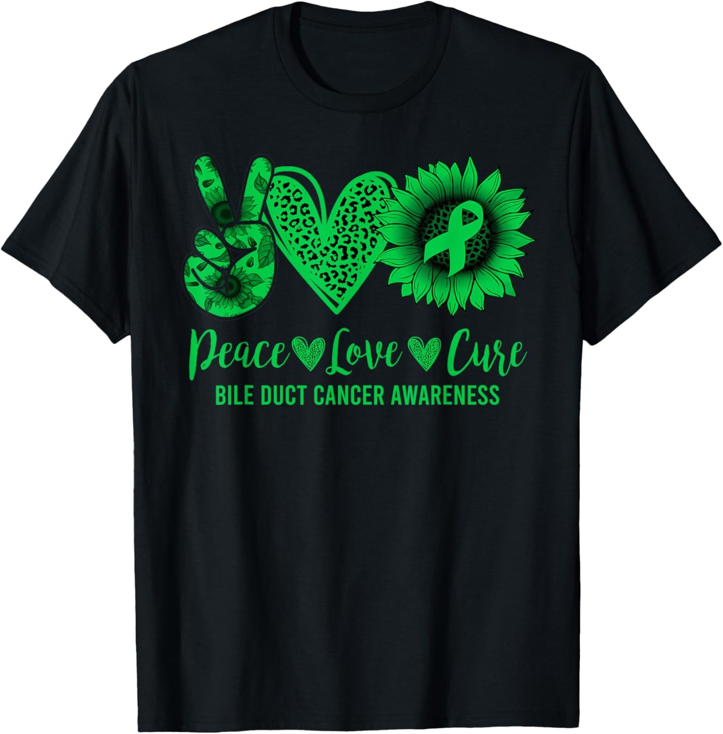 Peace Love Cure Sunflower Bile Duct Cancer Awareness Warrior T-Shirt - T-Shirt | Black