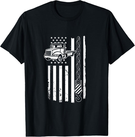 Tow Truck with US Flag | Breakdown Car | Wrecker Driver T-Shirt - T-Shirt | Black