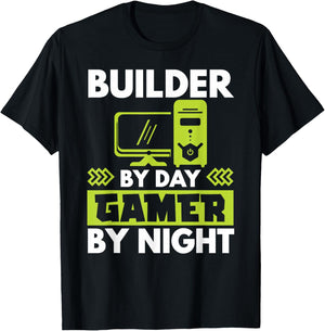 Builder By Day Gamer By Night PC Builder Computer Expert T-Shirt - T-Shirt | Black