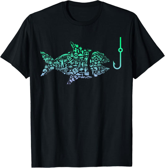 Cool Fish Hook Silhouette Graphic Angler Gear Youth Fishing T-Shirt - T-Shirt | Black