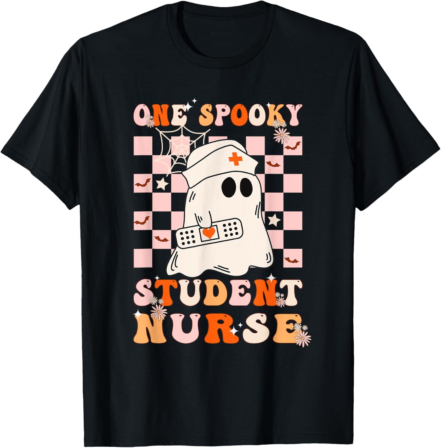 Groovy One Spooky Student Nurse Ghost Halloween Nursing T-Shirt - T-Shirt | Black