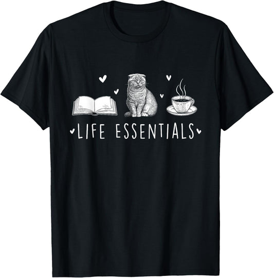 Life Essentials - Cats Books Coffee Animal Lover Pet Owner T-Shirt - T-Shirt | Black