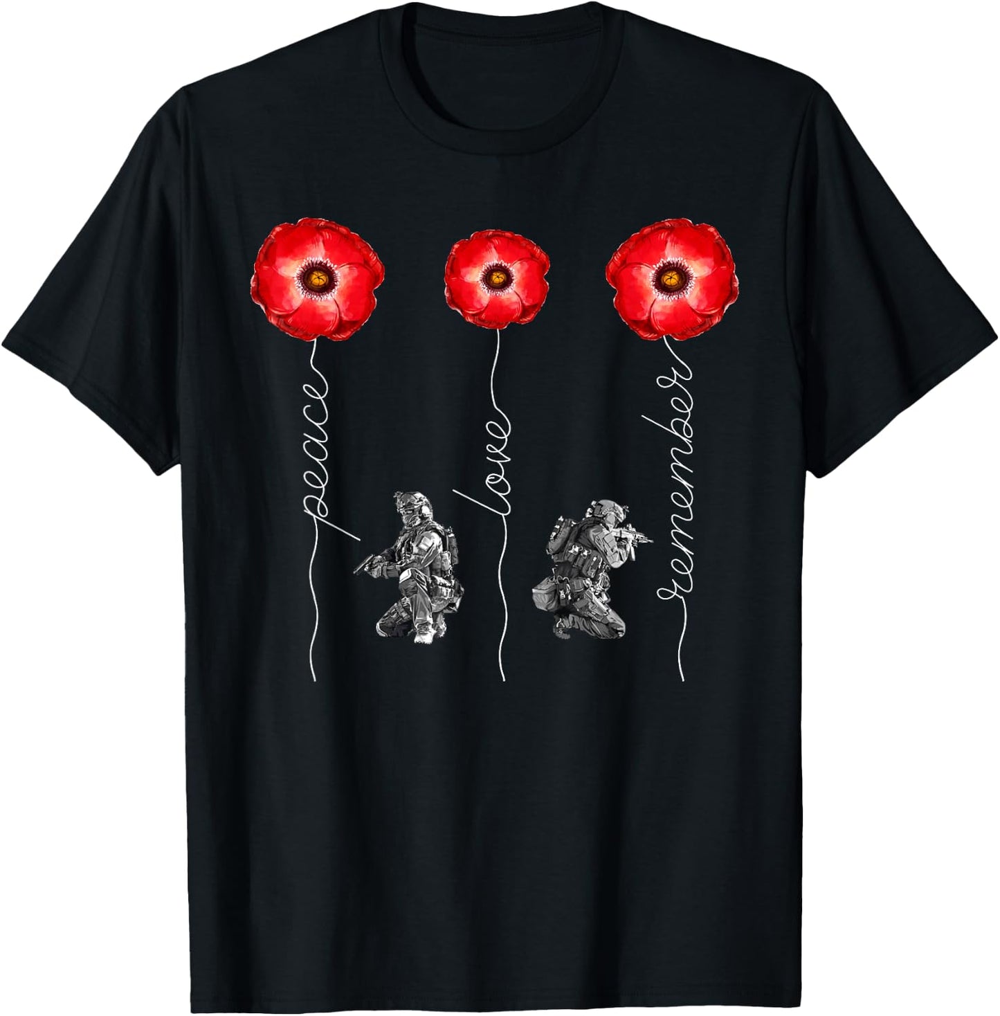 Peace Love Remember Red Poppy Flower Soldier Memorial Day T-Shirt - T-Shirt | Black
