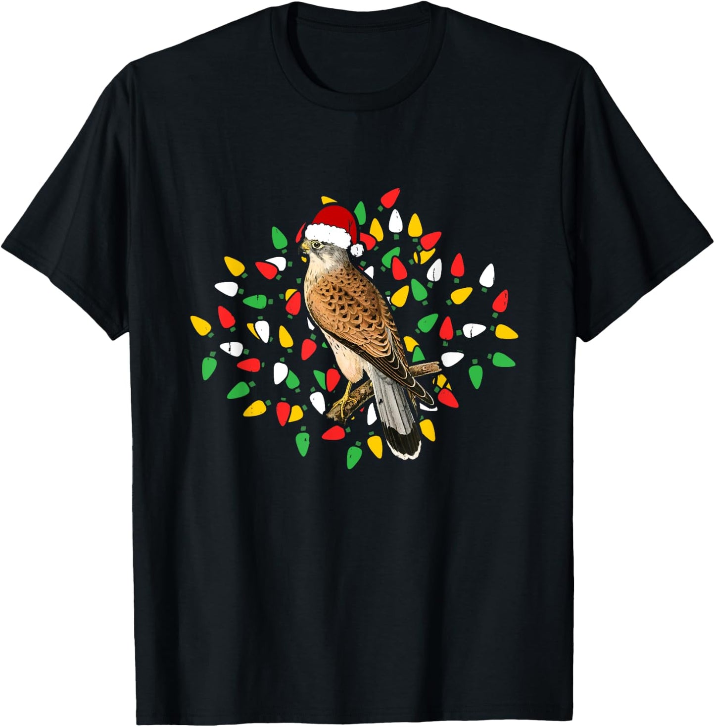 Holiday Xmas Lighting Santa Hat Red Shouldered Hawk Bird T-Shirt - T-Shirt | Black