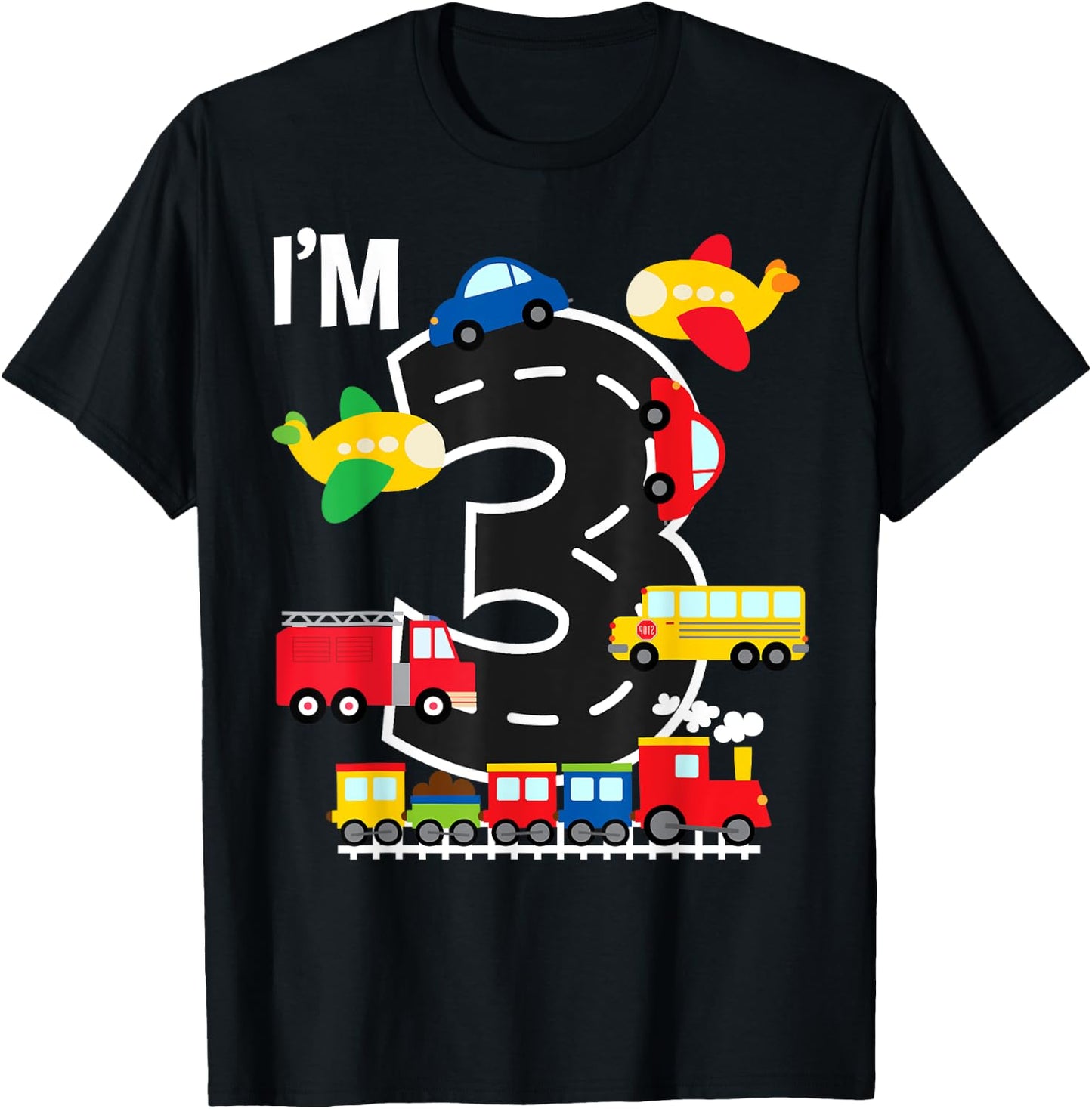 I'm 3 Birthday Boy 3rd Bday Train Car Fire Truck Airplane T-Shirt - T-Shirt | Black