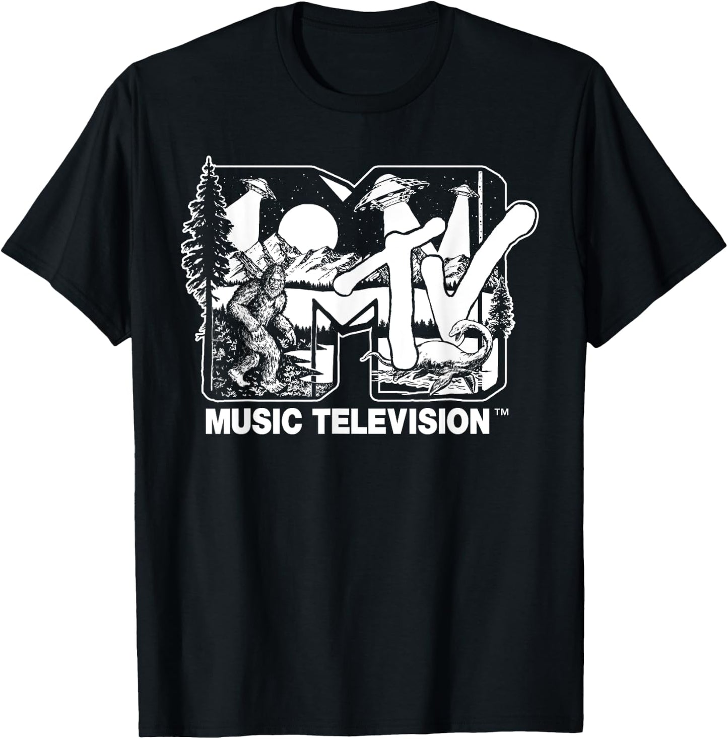 Mademark x MTV - Cryptid-Filled MTV Logo Feat. Bigfoot, UFO, & Nessie Sketch T-Shirt - T-Shirt | Black