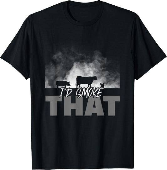 Dad Grilling BBQ Apparel - I'd Smoke That Cow Pig Chicken T-Shirt - T-Shirt | Black