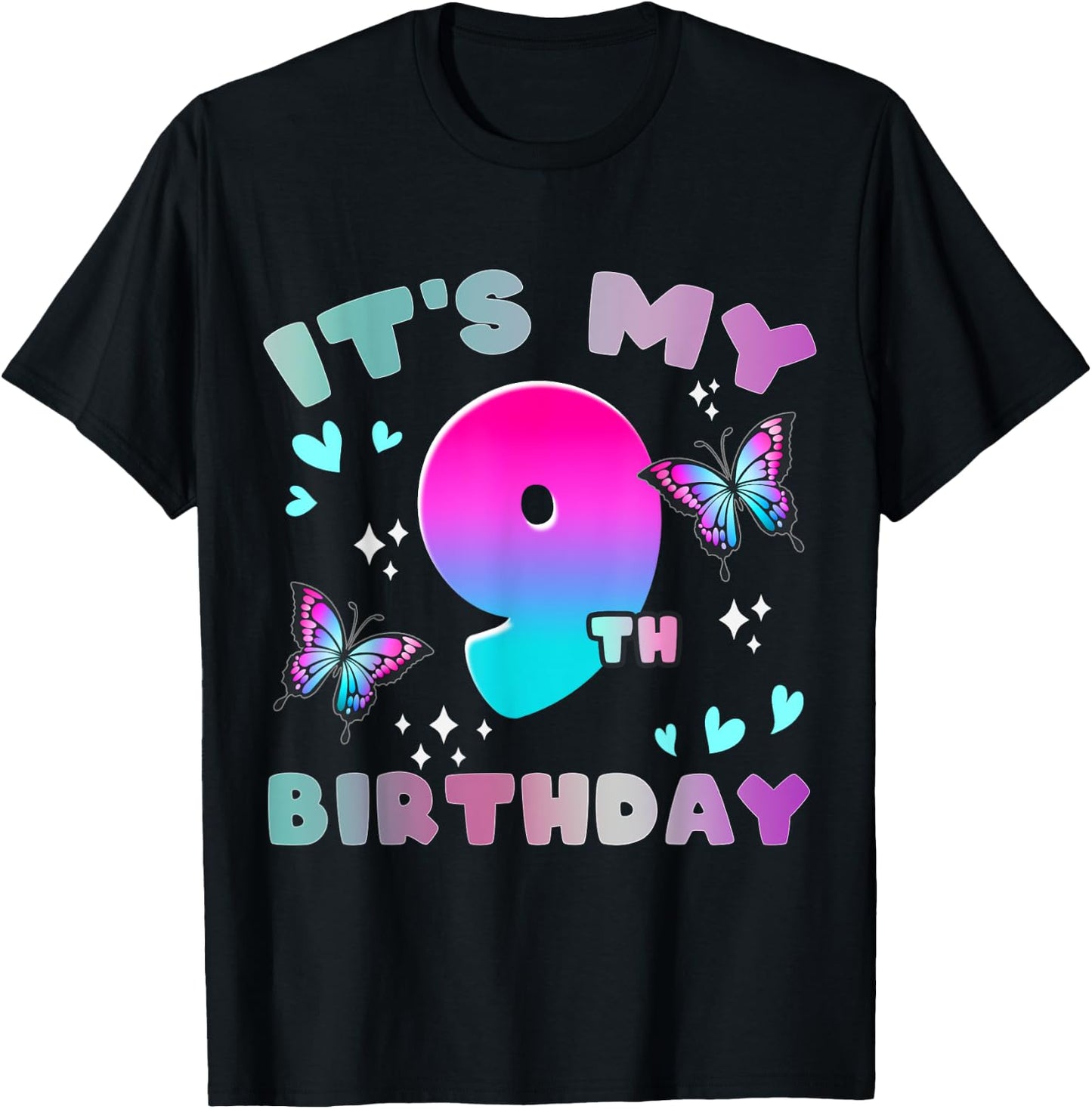 It's My 9th Birthday Butterfly 9 Years Old Butterflies Kid T-Shirt - T-Shirt | Black