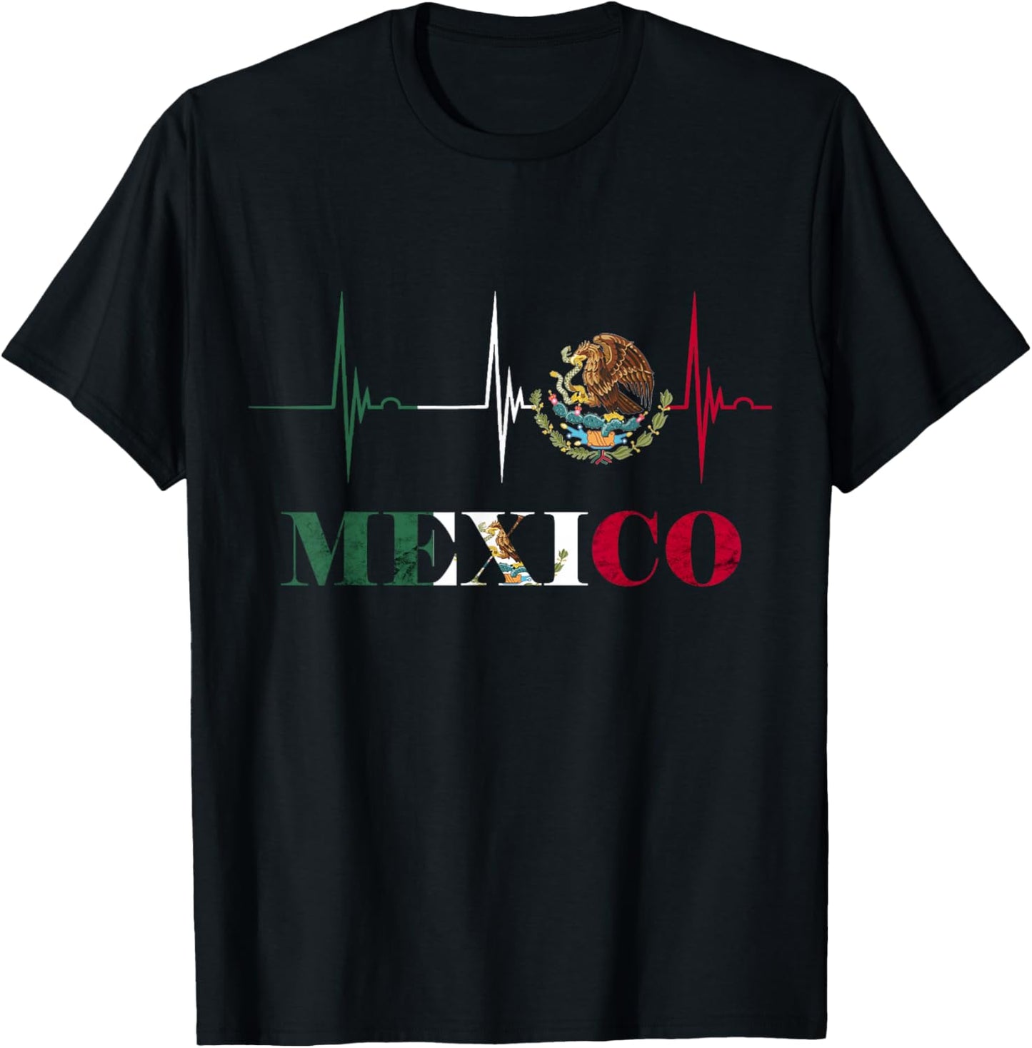Heartbeat EKG Pulse Mexico Emblem Mexico Flag Mexican Pride T-Shirt - T-Shirt | Black