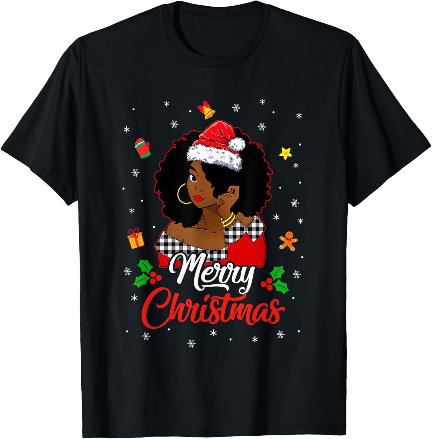 Black African Girl American Melanin Christmas Santa Hat Xmas T-Shirt - T-Shirt | Black