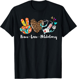 Peace Love Phlebotomy Syringe Leopard Phlebotomist Gifts T-Shirt - T-Shirt | Black