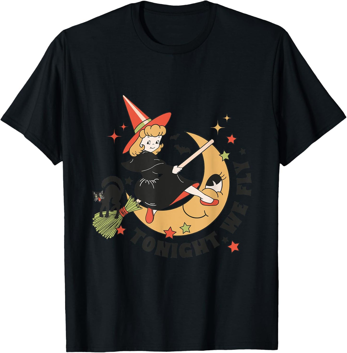 Vintage Tonight We Fly Witch On Broom Cat Retro Halloween Women Kids T-Shirt - T-Shirt | Black