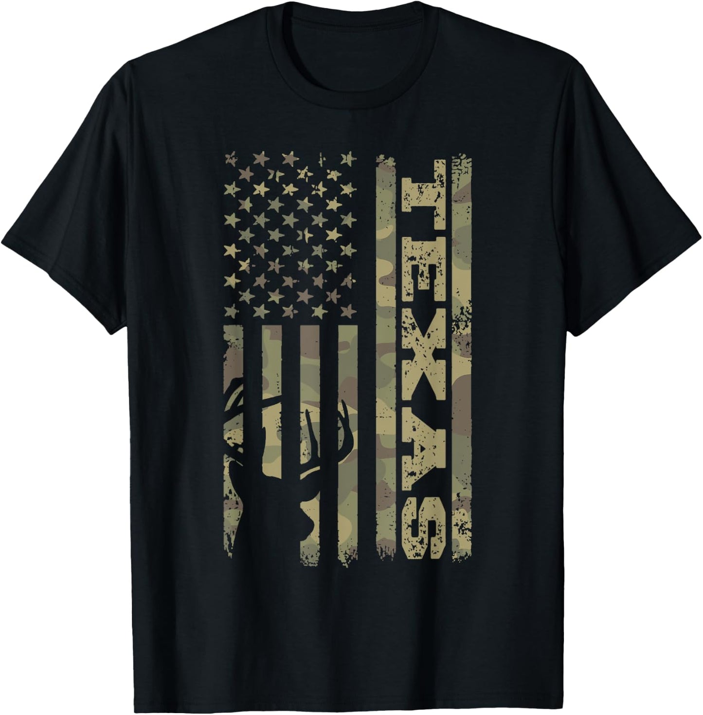 Texas Deer Hunter Vintage Deer Hunting Camo USA Flag T-Shirt - T-Shirt | Black