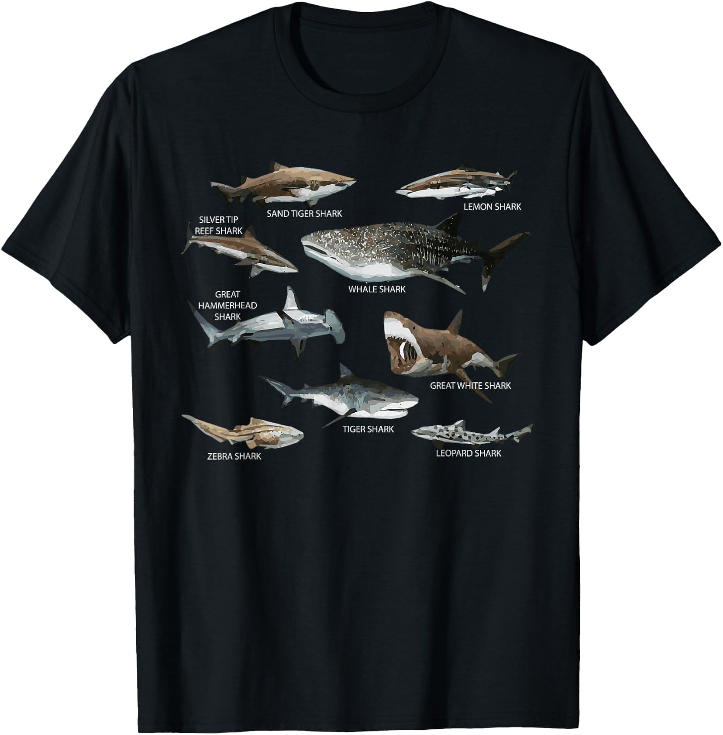 Educational Shark Types Faces Sea Mammals Marine Biologist T-Shirt - T-Shirt | Black