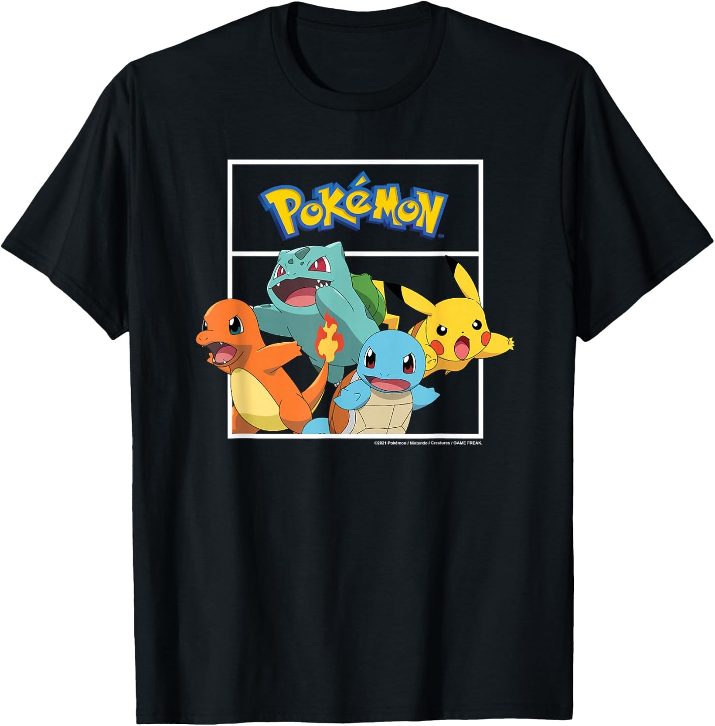 Pokémon - Pikachu Charmander Bulbasaur Squirtle Kanto Group T-Shirt - T-Shirt | Black