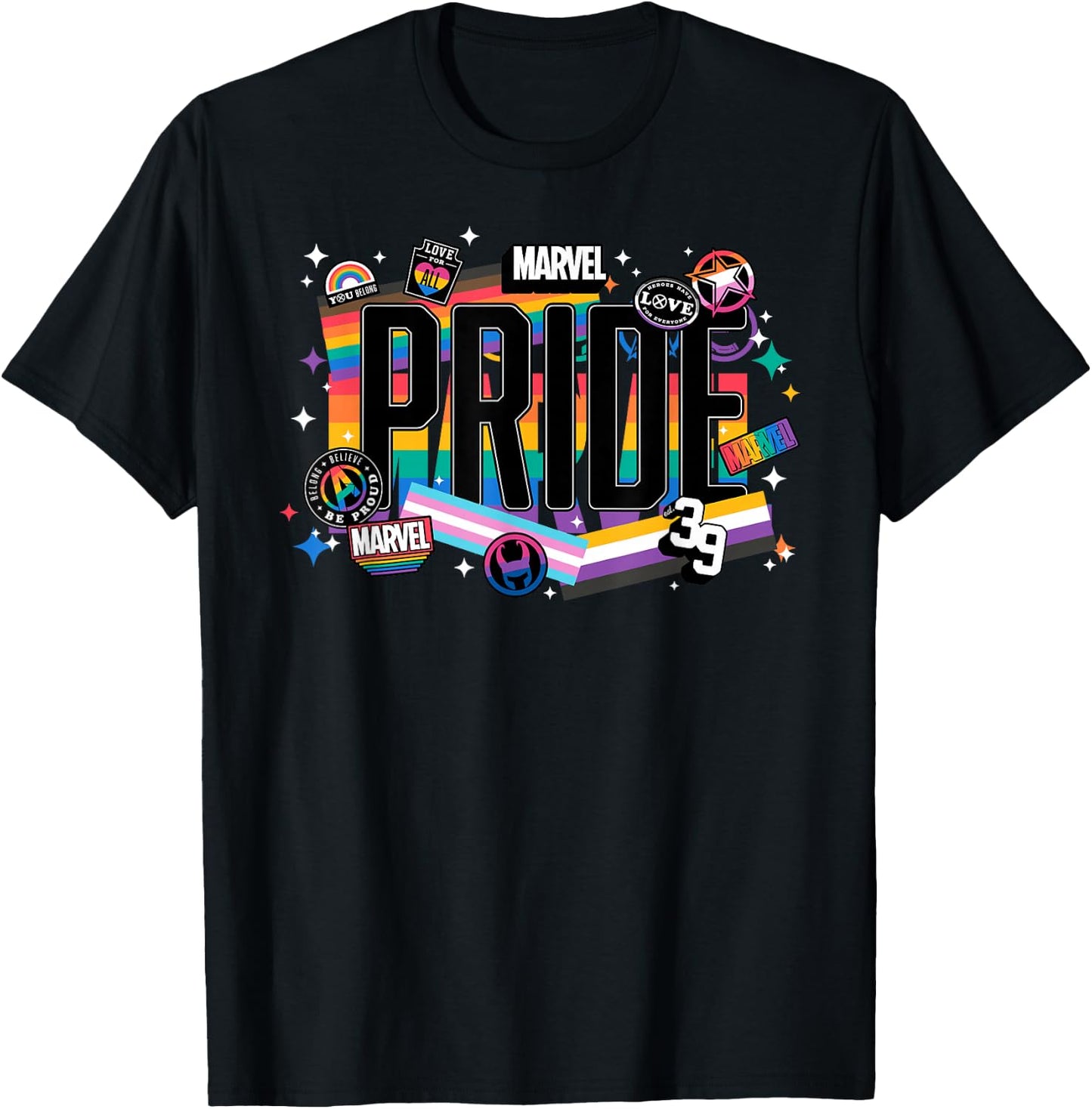 Marvel Pride Rainbow Flags Proud Heroes Stickers Est. ‘39 T-Shirt - T-Shirt | Black