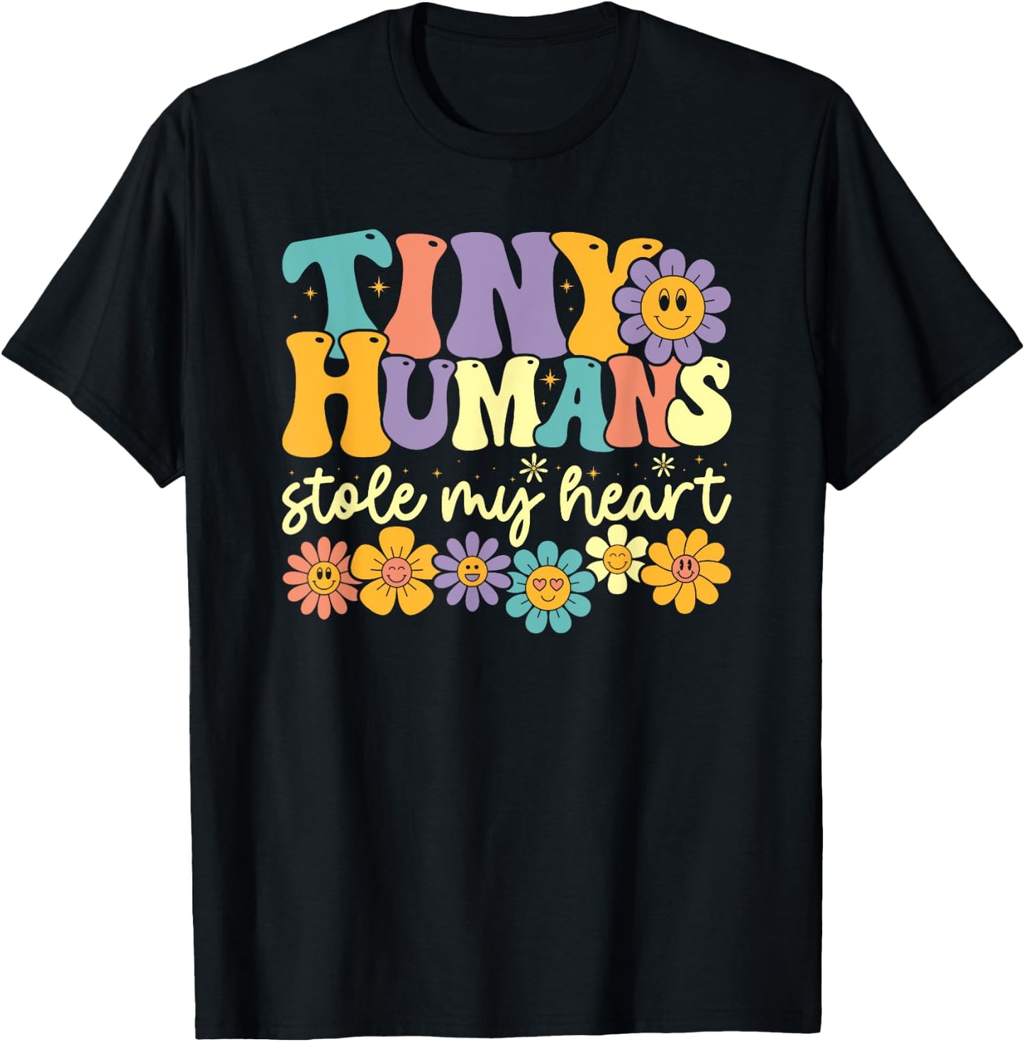 Tiny Humans Stole My Heart Retro Groovy Kindergarten Teacher T-Shirt - T-Shirt | Black