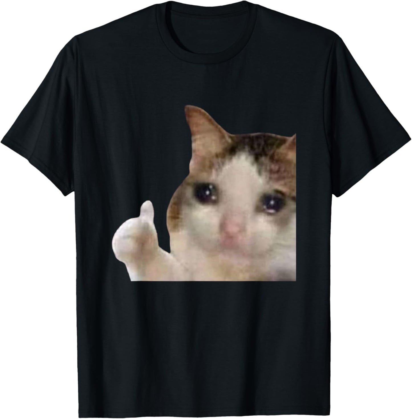 Funny Cute Crying Cat Sad Tears Thumbs Up Meme Gen Z Humor T-Shirt - T-Shirt | Black