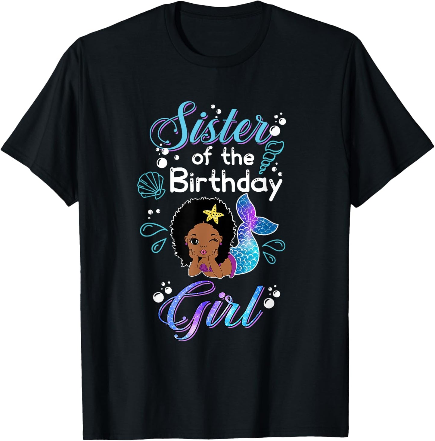 Sister Of The Birthday Mermaid African American Kid Sis Girl T-Shirt - T-Shirt | Black
