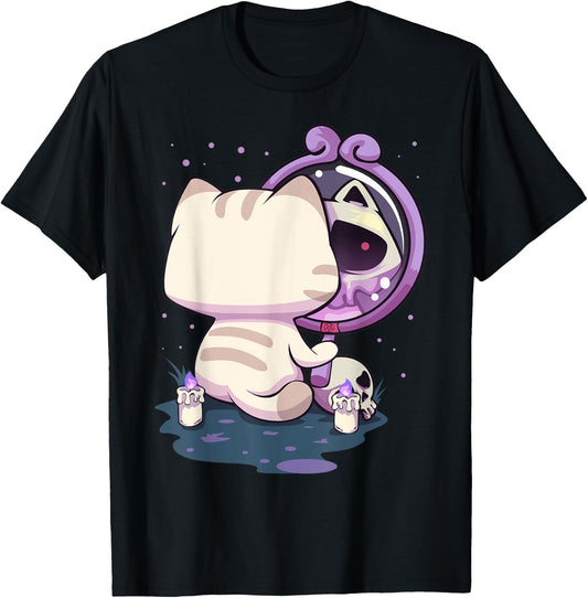 Pastel Goth Kawaii Sad Cat With Mirror T-Shirt - T-Shirt | Black
