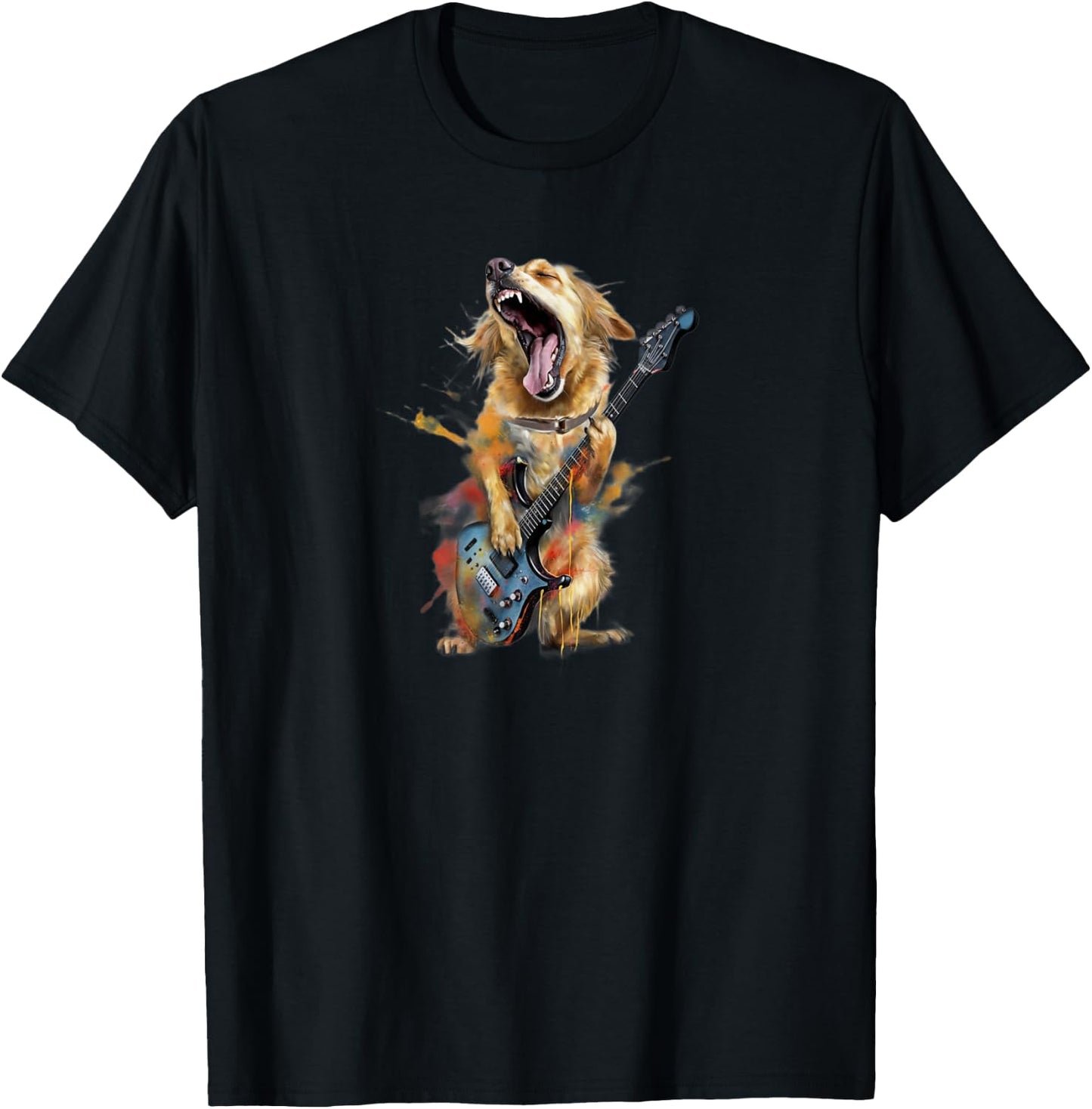Golden Retriever Dog Playing On Electric Guitar T-Shirt - T-Shirt | Black