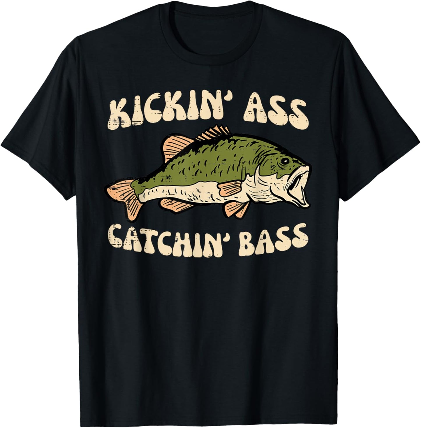 Fishing Kickin Catchin Bass Funny Fisherman Angler Men Women T-Shirt - T-Shirt | Black