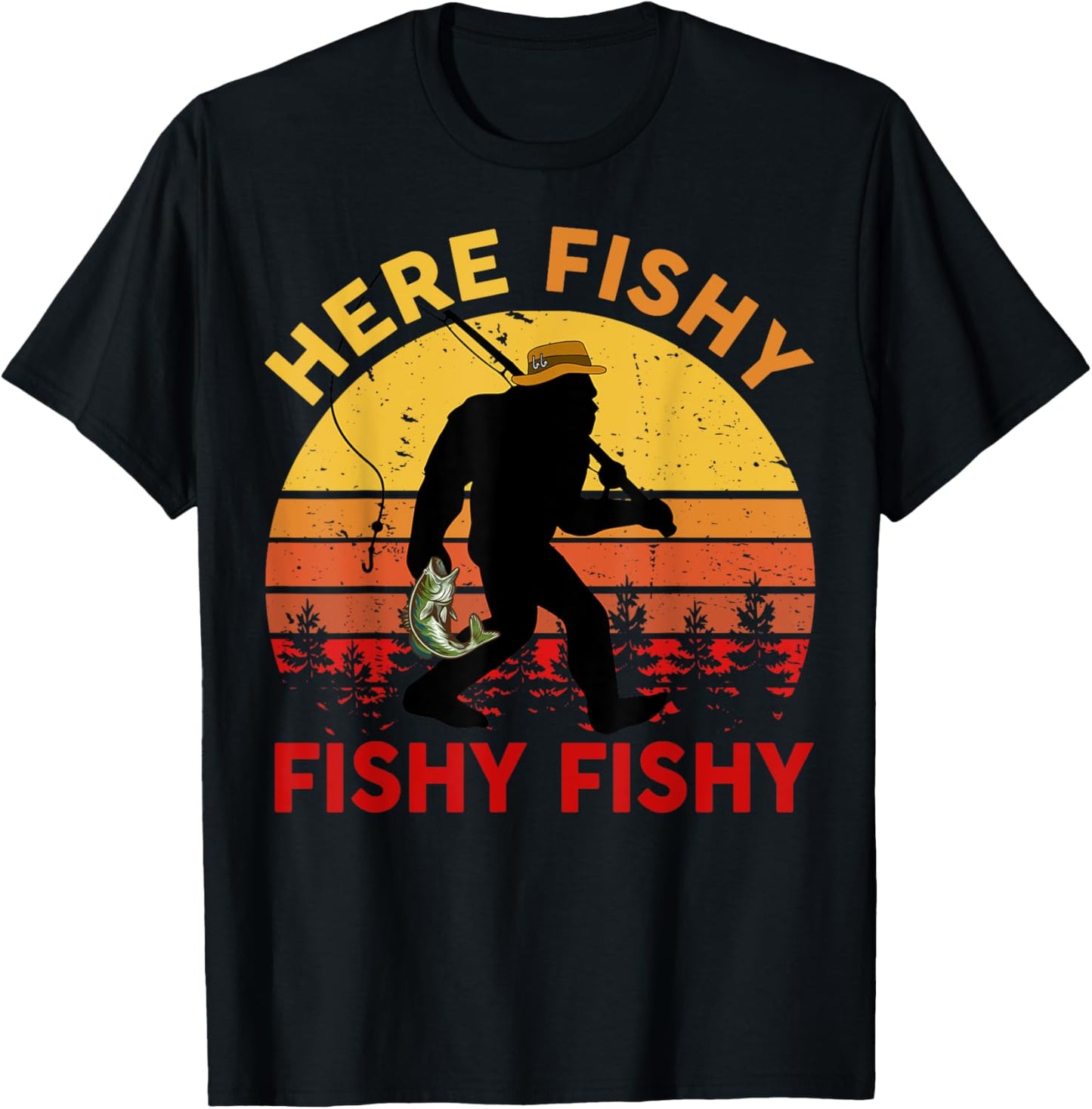 Here-Fishy Sasquatch Funny Bass Dad Toddler Bigfoot Fishing T-Shirt - T-Shirt | Black