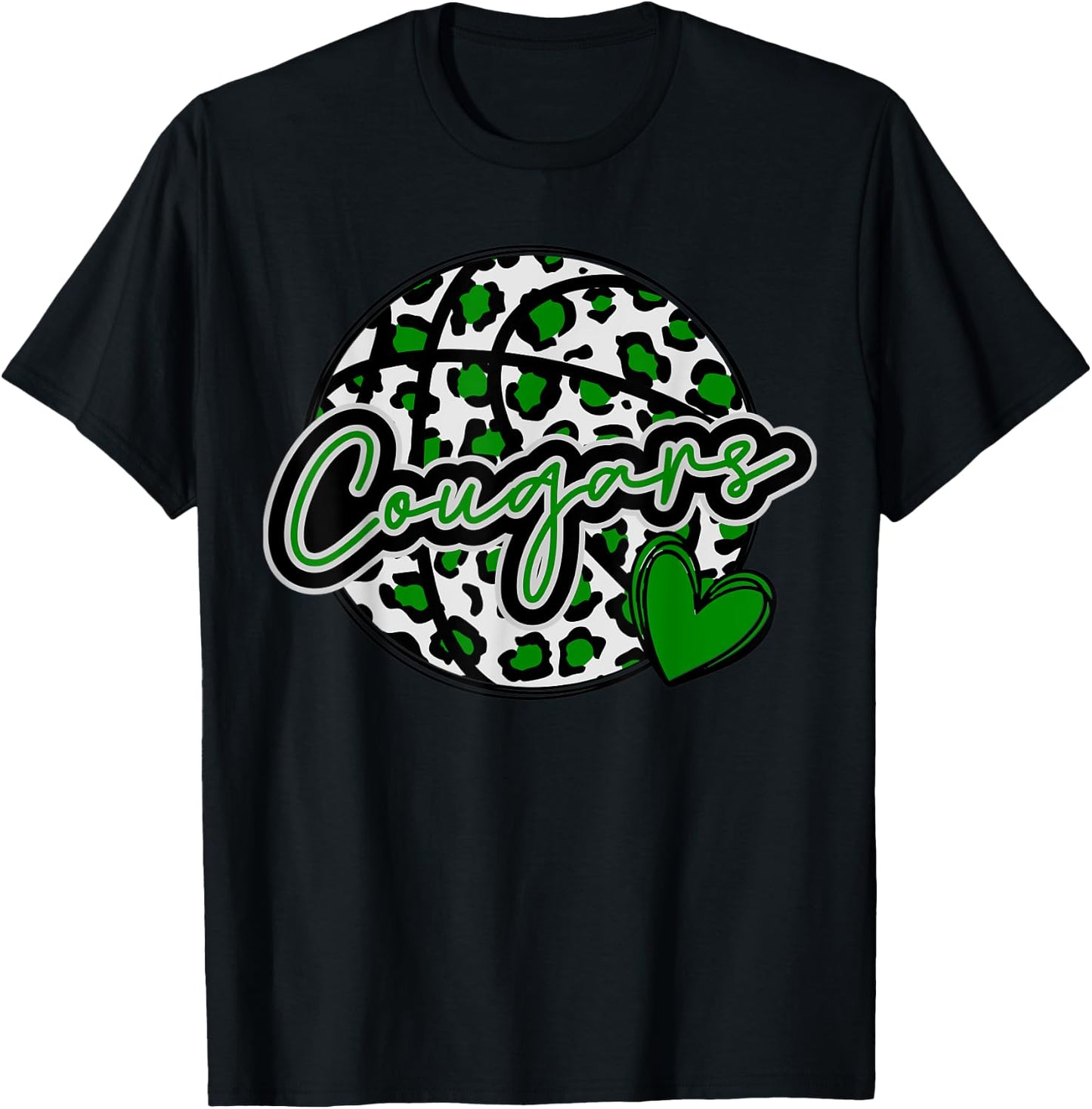 Leopard Cheetah Basketball COUGARS Green Spirit Game T-Shirt - T-Shirt | Black