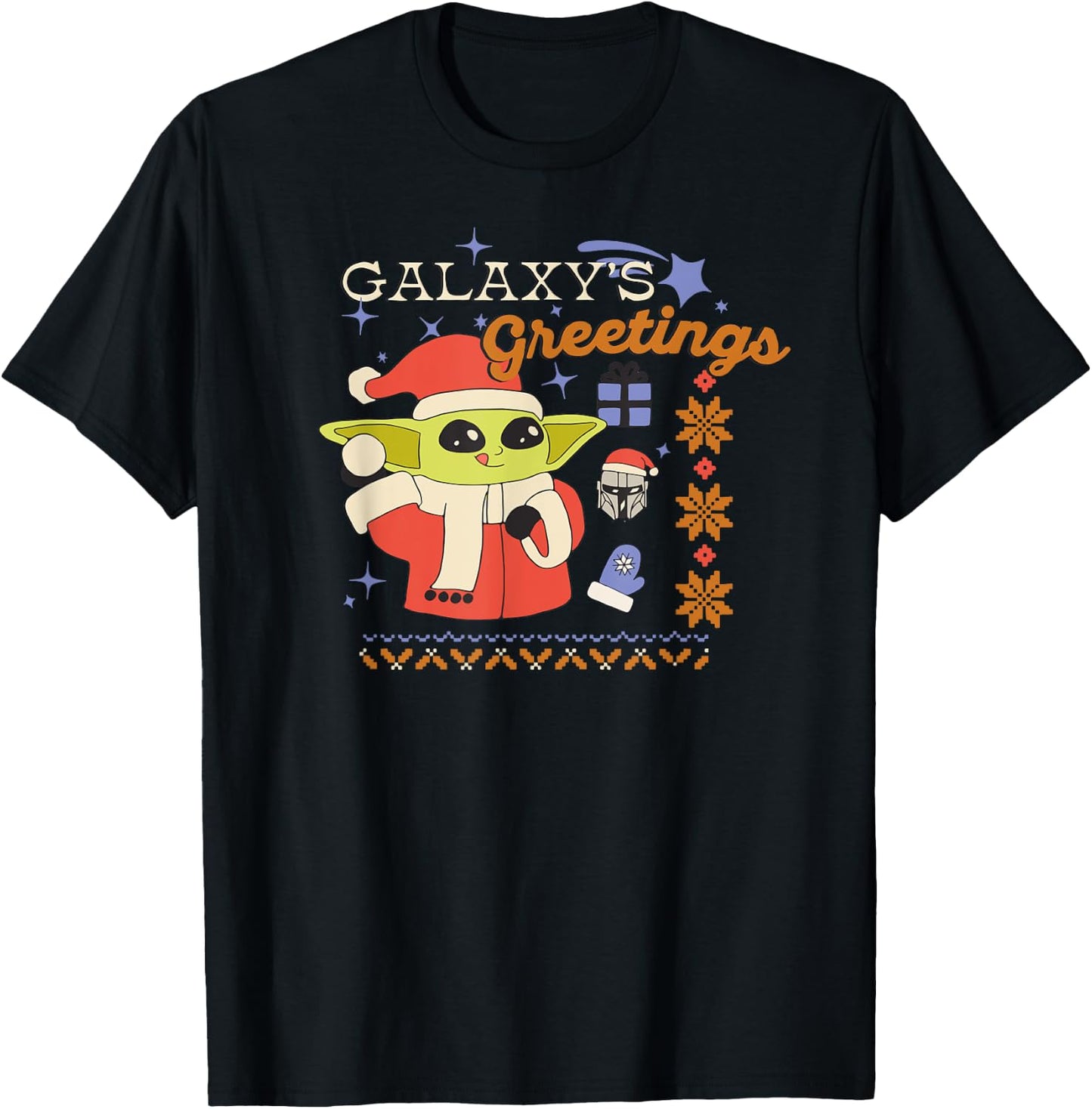 Amazon Essentials Men's The Mandalorian Grogu Christmas Holiday Galaxy's Greetings , Black Graphic Print, Small T-Shirt - T-Shirt | Black