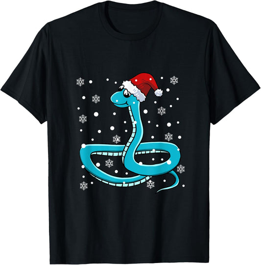 Snake Santa Hat Christmas Pajama Cute Animal Snowflakes Xmas T-Shirt - T-Shirt | Black